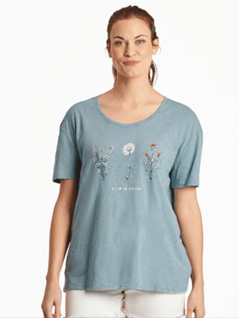 NWOT Life Is Good WOMEN'S DETAILED WILDFLOWERS RELAXED FIT SLUB TEE Sage Green M